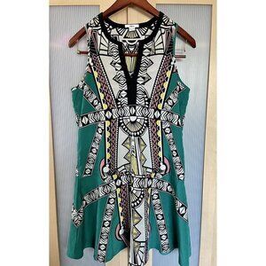 BAR III Midi Dress,  Stretch, Green Blue, Geometric Aztec Boho, L
